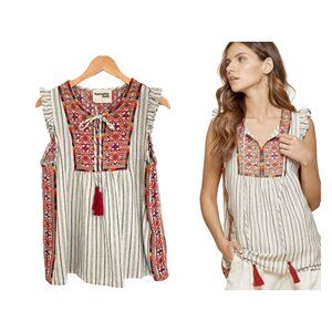 Savanna Jane Blouse Shirt Women Large Embroidered Linen Blend Tassel 16631